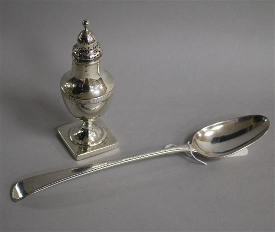 A George III silver sifter and a George III beaded Old English patter basting spoon.